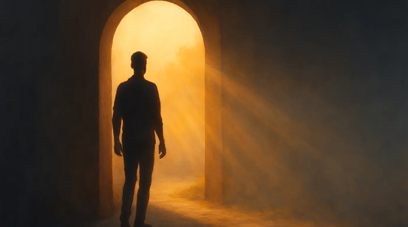 Silhouette walking through a glowing archway into warm light, symbolizing the start of a shadow work healing journey and emotional freedom