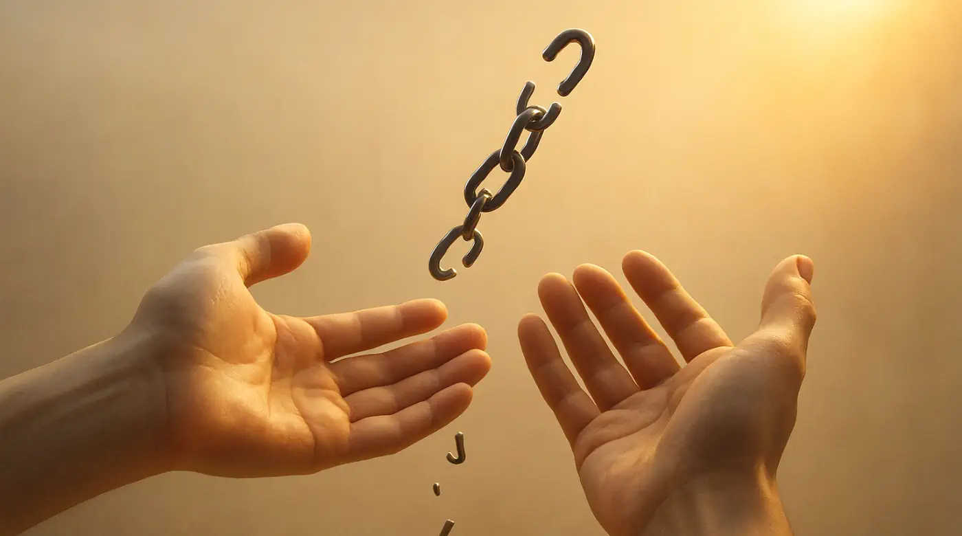 Hands releasing a broken chain in warm light — symbolizing breaking patterns and emotional healing through shadow work.