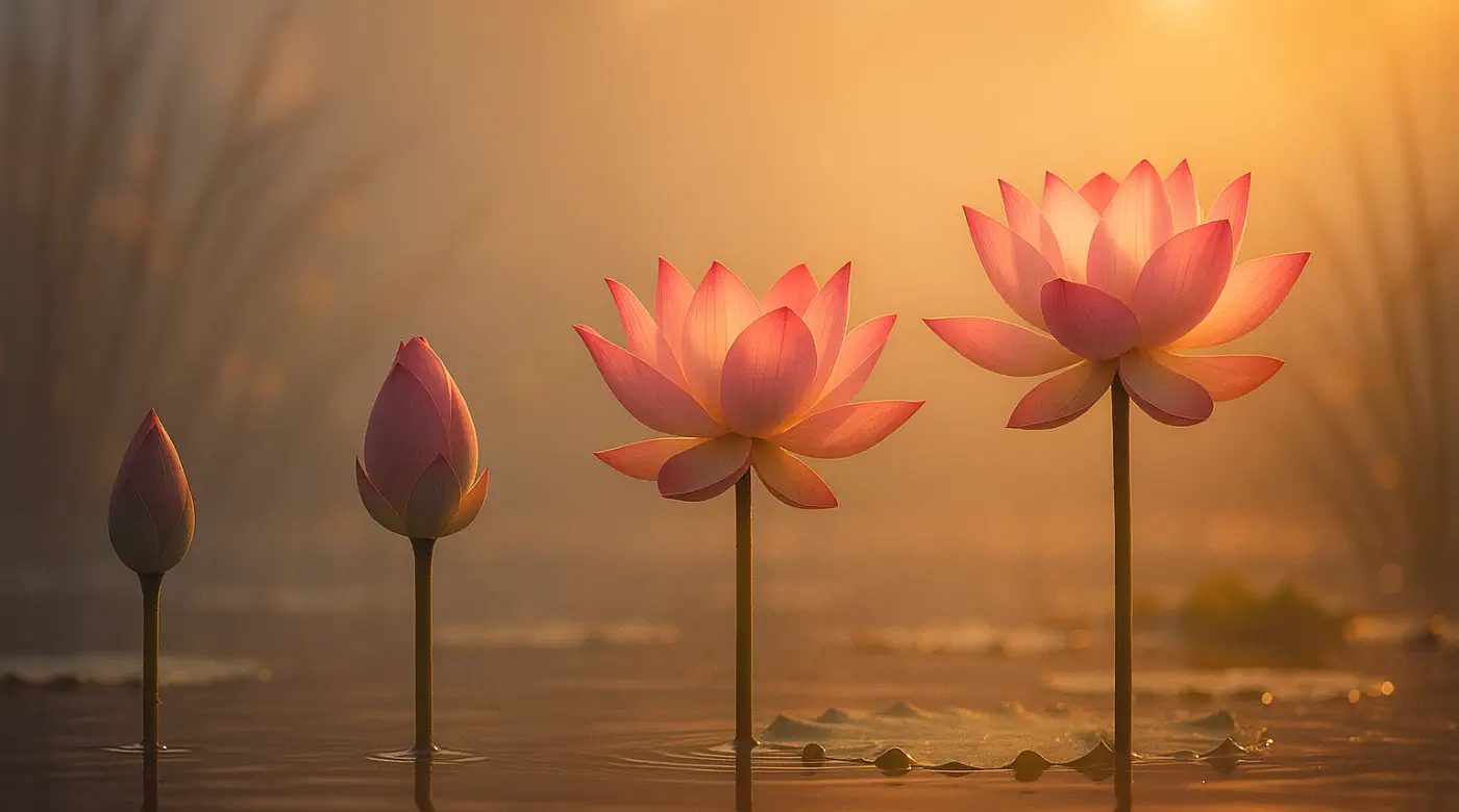 Four lotus flowers from bud to full bloom at sunrise over water — symbolizing the four stages of the Shadow Work process: ground, explore, integrate, transform.