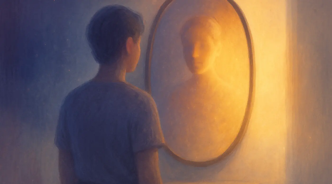Shadow work illustration: person facing a mirror in warm light, symbolizing integrating the shadow self, emotional healing, and self-acceptance in Chiang Mai.