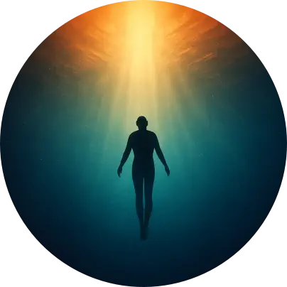 Underwater silhouette rising toward light — reaching the subconscious and emerging with clarity (Chiang Mai)