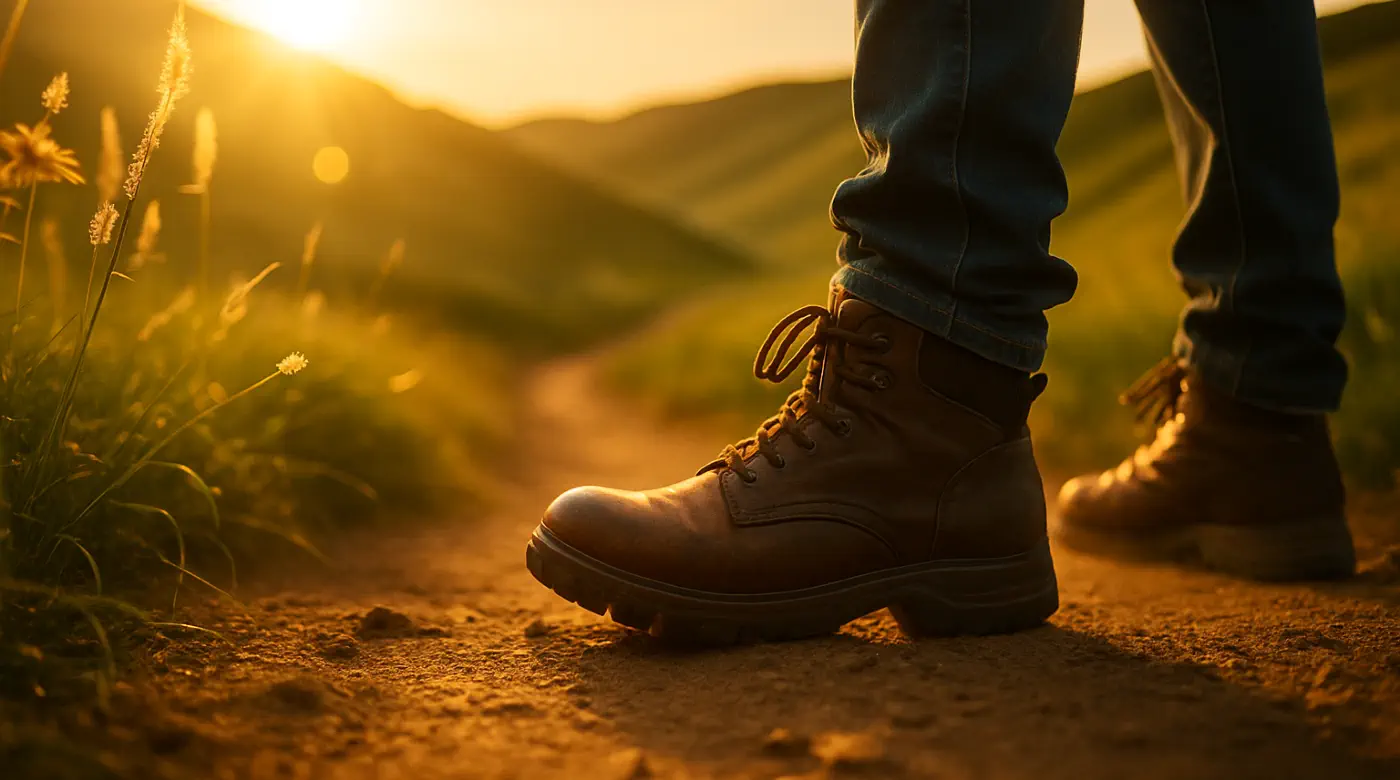 Close-up of boots stepping forward on a sunlit dirt path, symbolizing the start of your healing journey with trauma therapy in Chiang Mai.