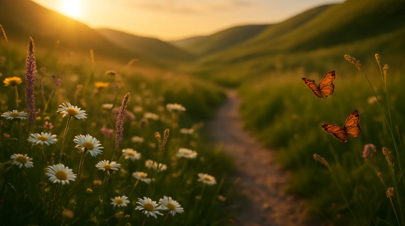 Wildflower meadow at sunset with butterflies on a path, symbolizing calm and renewal—the benefits of emotional healing in Chiang Mai.