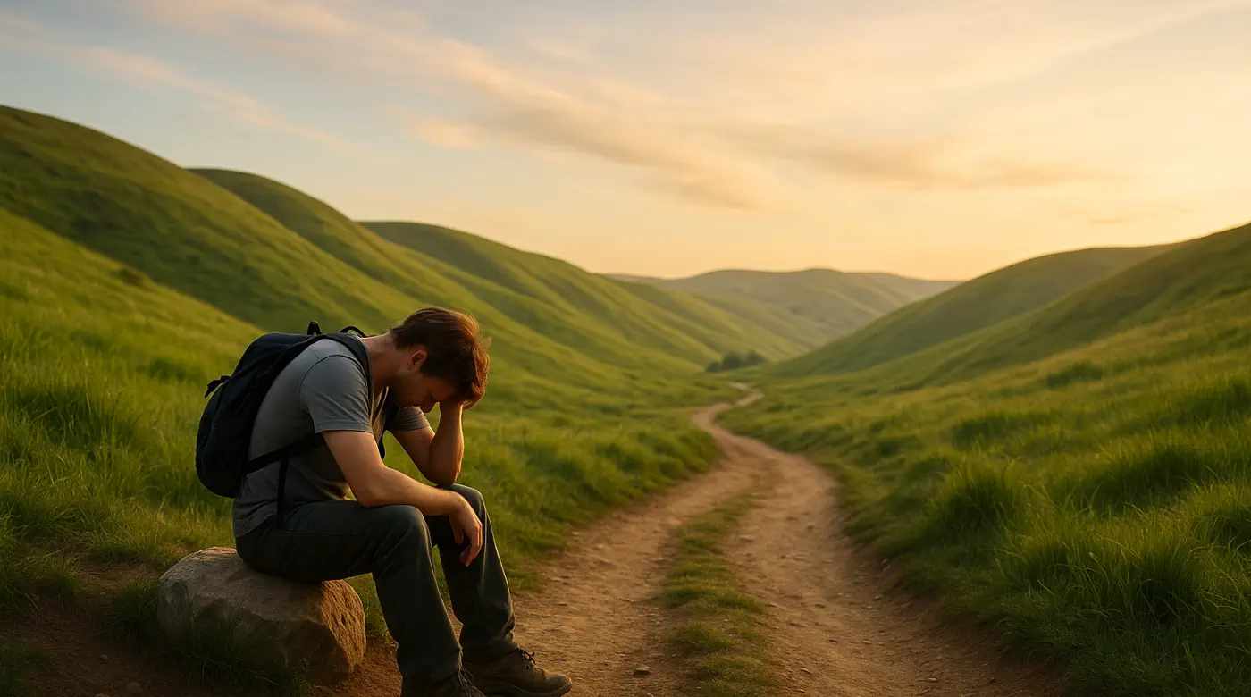 Exhausted hiker sitting on a rock along a dirt path through green rolling hills at sunset, symbolizing emotional overwhelm and the path to healing — trauma therapy in Chiang Mai.