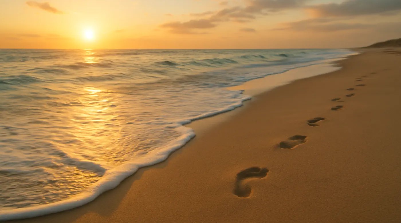 Footprints along a sunrise beach — symbolizing steady steps on the Emotional Healing Journey in Chiang Mai