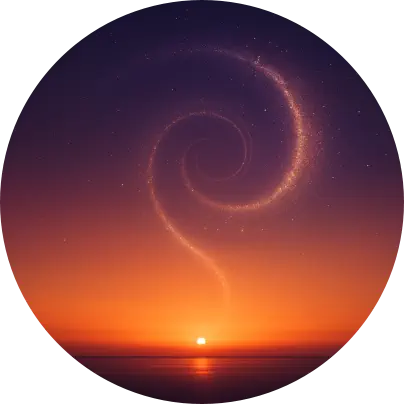Sunset horizon with glowing time-spiral — past life reading testimonial (Chiang Mai)